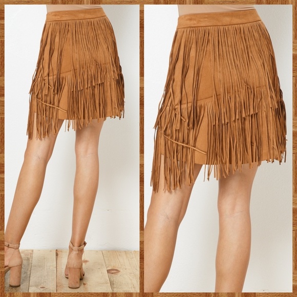 Sexy Faux Suede Mini Skirt Asymmetrical Fringe Details Banded Waistband - Picture 8 of 13